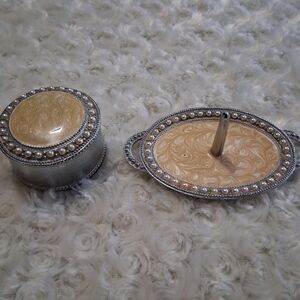 Vintage 3 Piece Ring Holder & Trinket Box Surrounded With Little Pearls